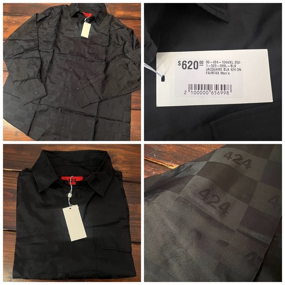 424 ON FAIRFAX Black Jacquard Silk Button Down Shirt - Picture 1 of 11